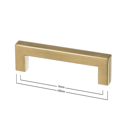 Maattekening van meubelgreep in goud, hartafstand 96 mm, lengte 108 mm