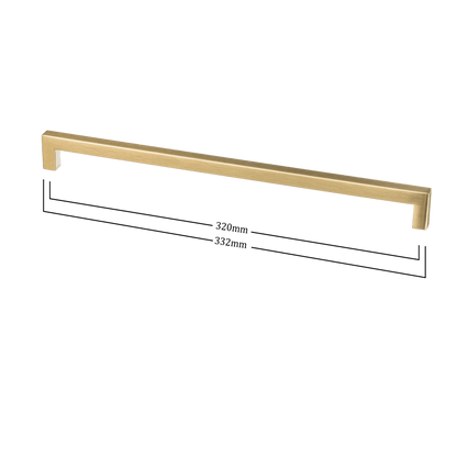 Maattekening van meubelgreep in goud, hartafstand 320 mm, lengte 332 mm