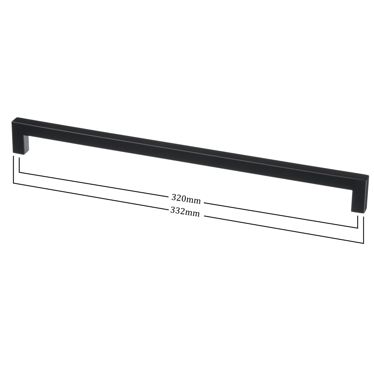 Maattekening van meubelgreep in zwart, hartafstand 320 mm, lengte 332 mm