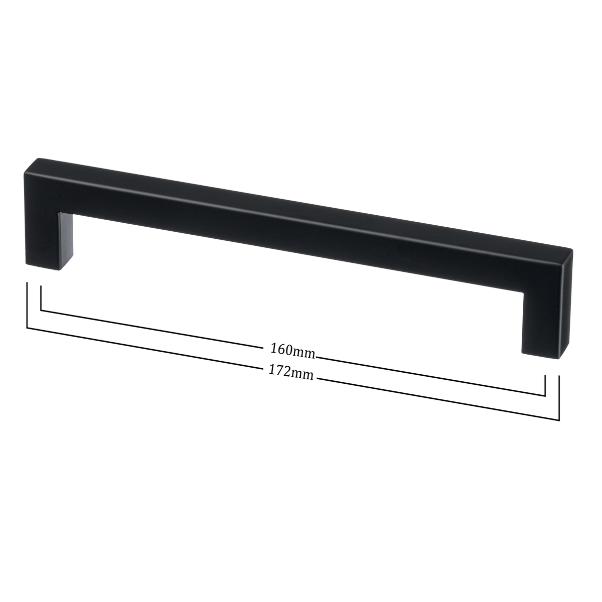 Maattekening van meubelgreep in zwart, hartafstand 160 mm, lengte 172 mm
