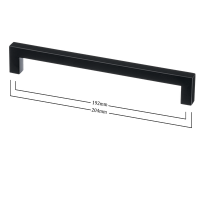 Maattekening van meubelgreep in zwart, hartafstand 192 mm, lengte 204 mm