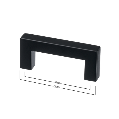 Maattekening van meubelgreep in zwart, hartafstand 64 mm, lengte 76 mm