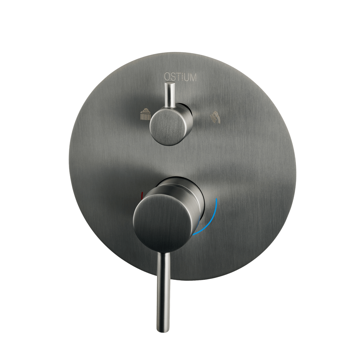 Detail van de bediening van inbouw regendoucheset Terni in gun metal