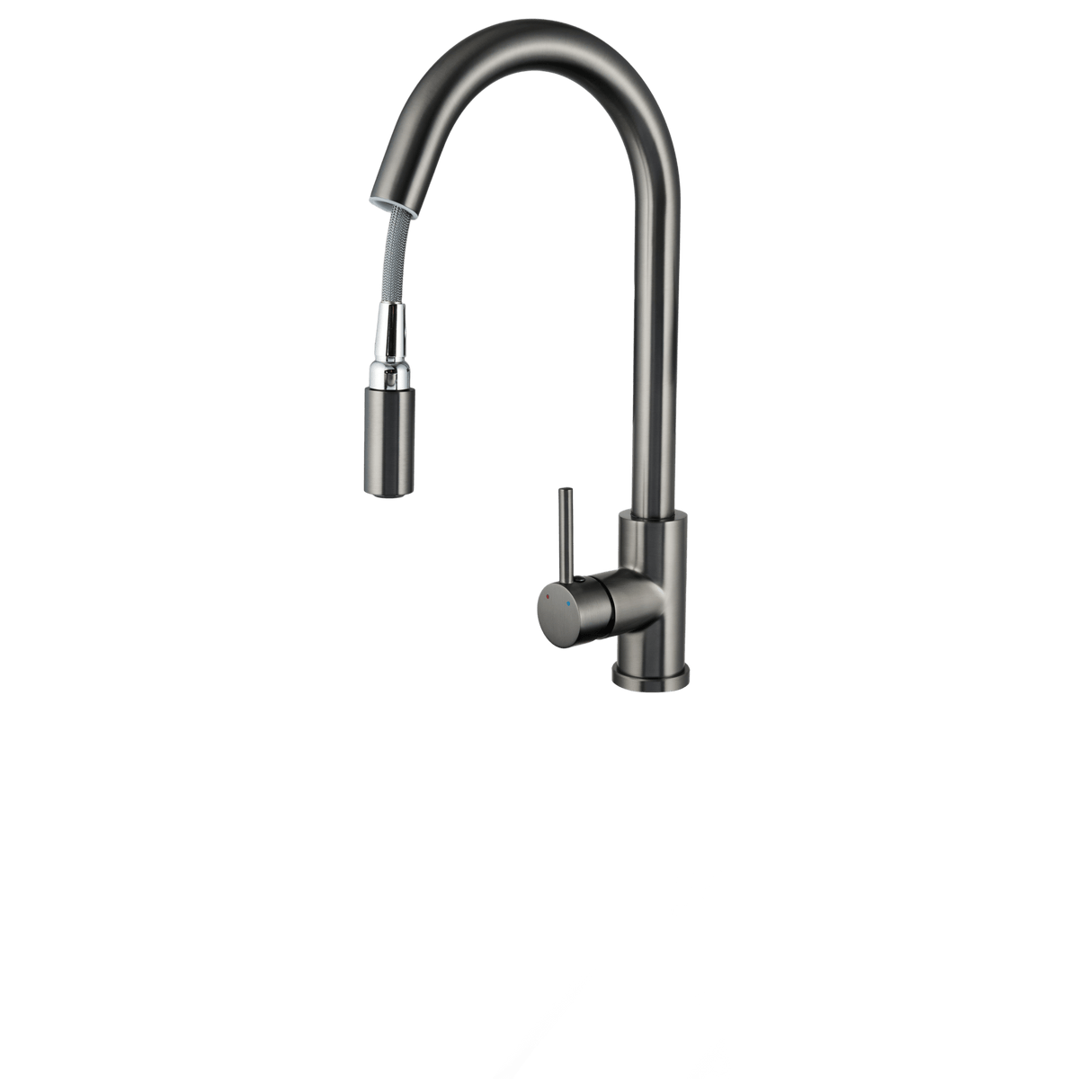 Uittrekbare keukenkraan Silana in gun metal met uitgetrokken kraanuitloop