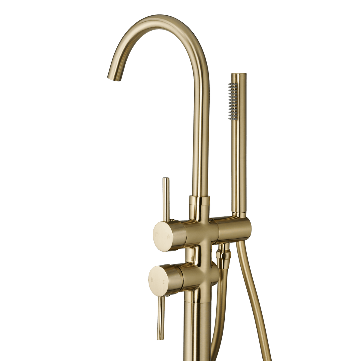 Detail van vrijstaande badkraan met handdouche Armonio in goud
