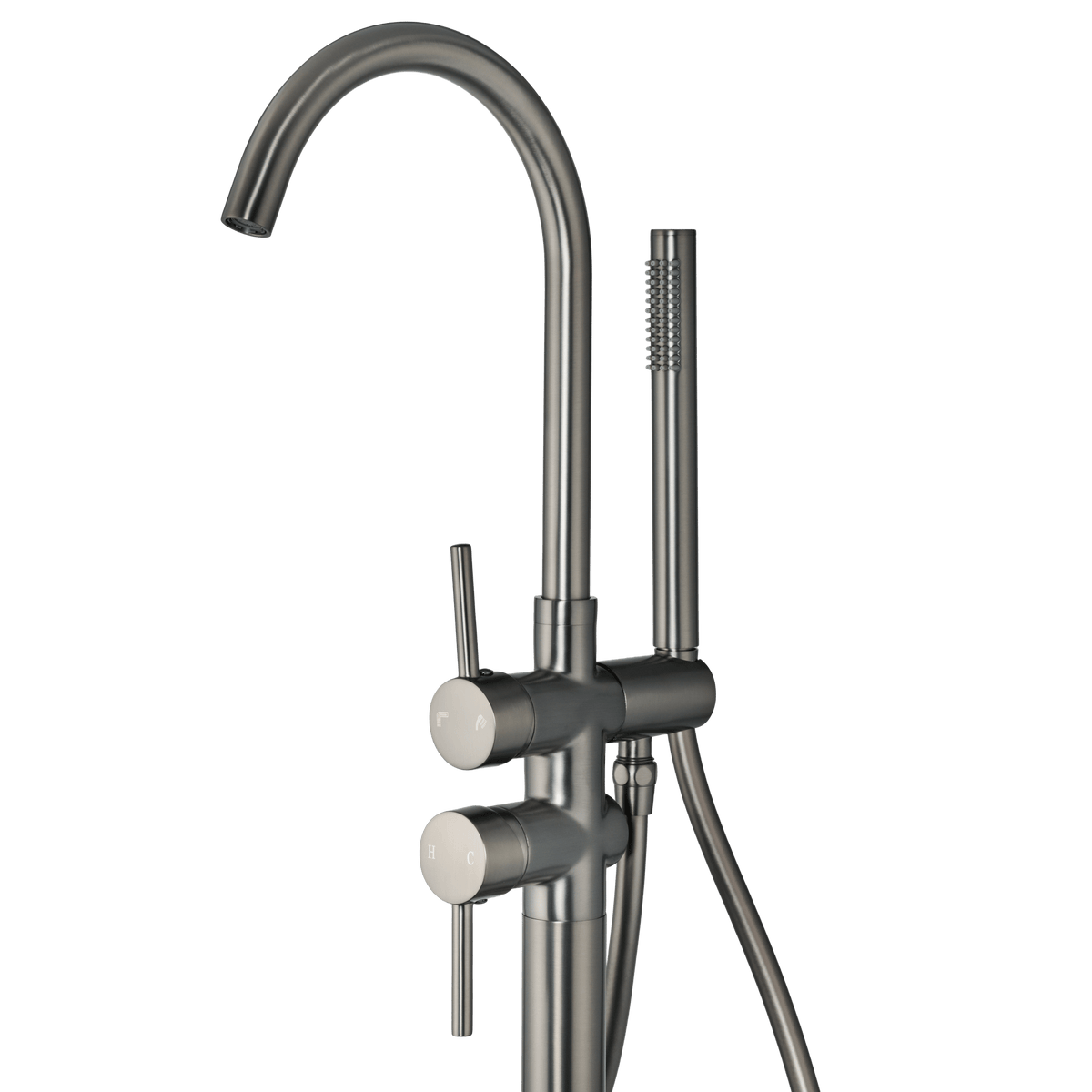 Detail van vrijstaande badkraan met handdouche Armonio in gun metal