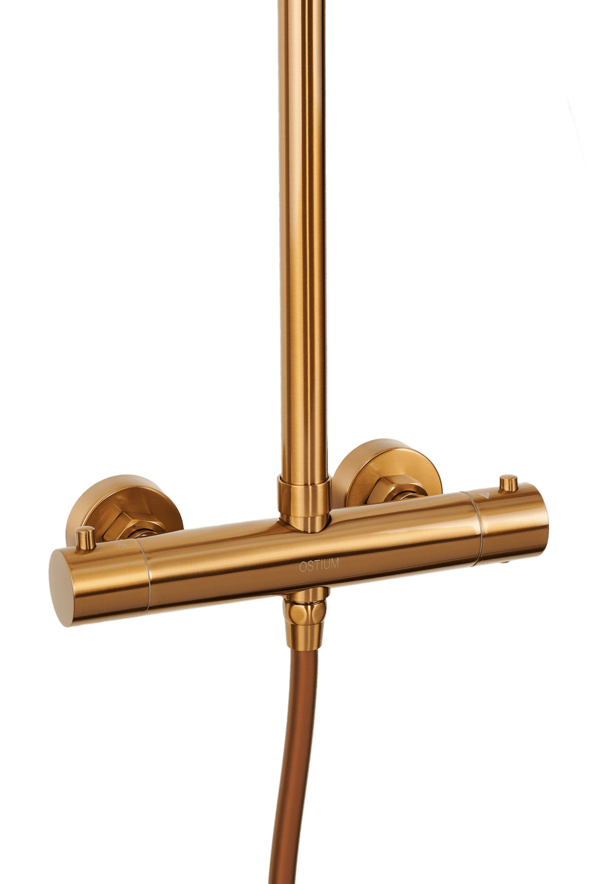 Detail van de bediening van ronde regendoucheset Novi in brons