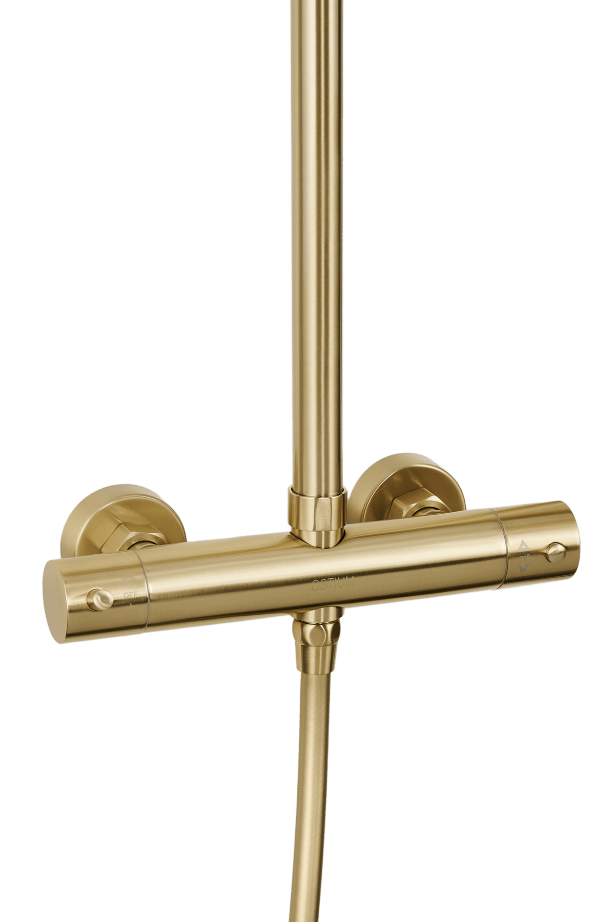 Detail van de bediening van ronde regendoucheset Novi in goud