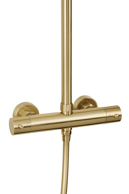 Detail van de bediening van ronde regendoucheset Novi in goud