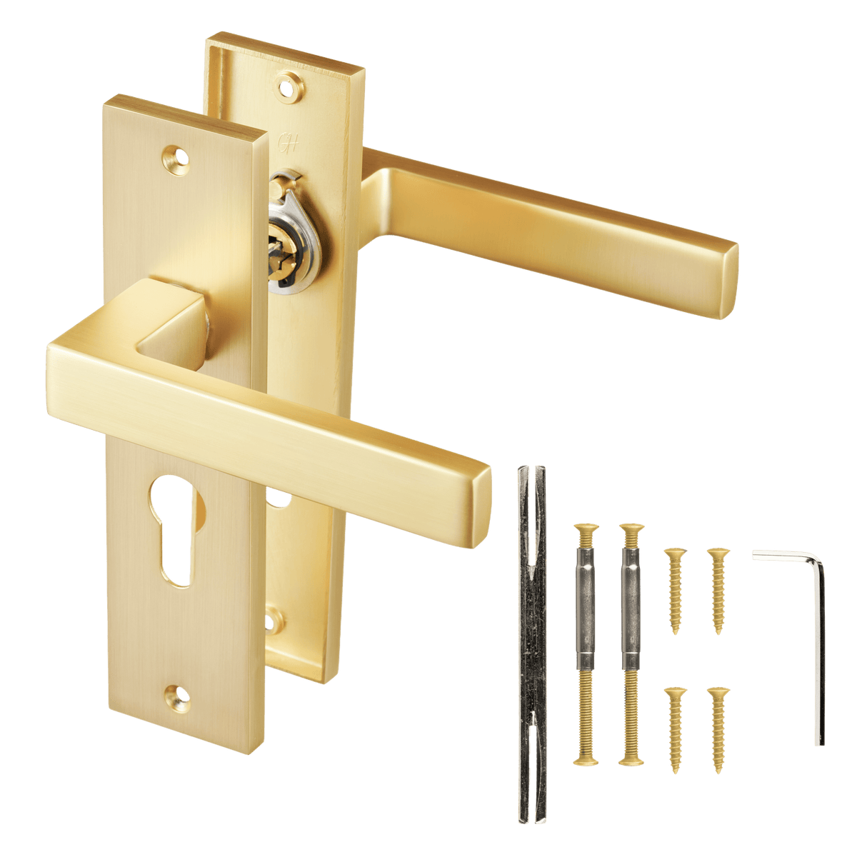 Deurklink Avola in goud met cilindergat 55 mm met bevestigingsmateriaal