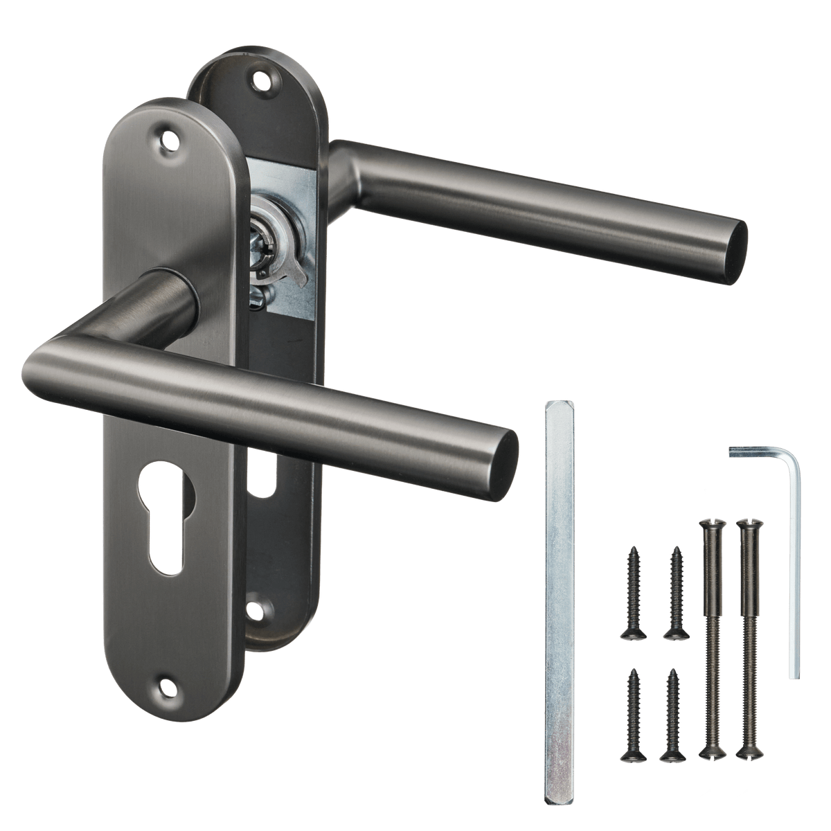 Deurklink Silvano in gun metal met cilindergat met bevestigingsmateriaal