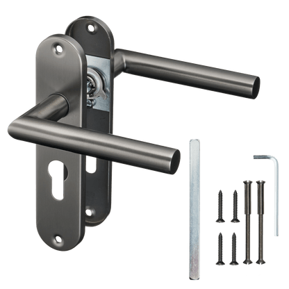 Deurklink Silvano in gun metal met cilindergat met bevestigingsmateriaal