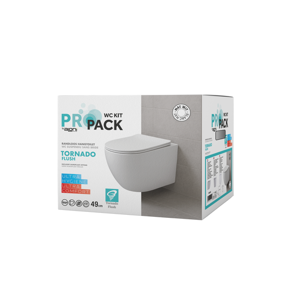 Aloni Pro Wall-Mounted Toilet | 36x32x49cm | Tornado Flush | Rimless | with Seat | Soft Close | Quick Release | Compact | Matt White