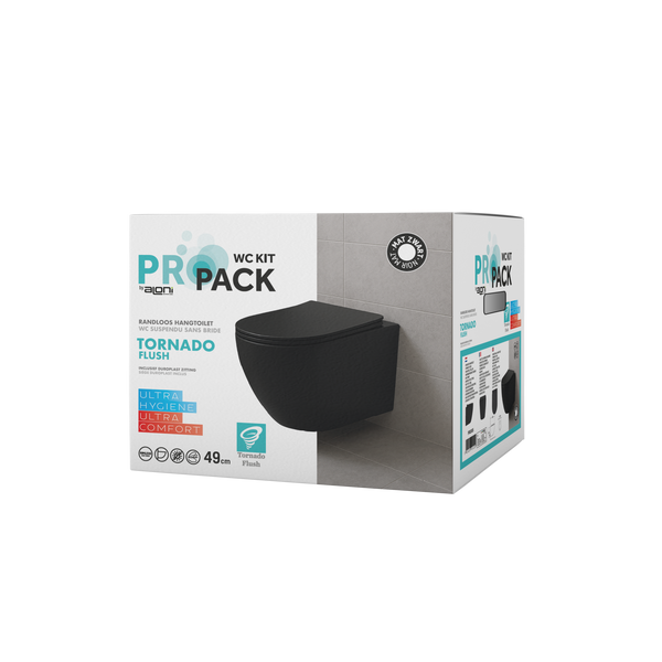 Aloni Pro Wall-Hung Toilet | 36x32x49cm | Tornado Flush | Rimless | with Seat | Soft Close | Quick Release | Compact | Matt Black