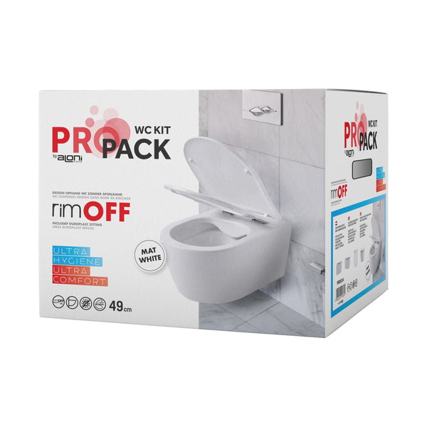 Aloni Pro Wall-Mounted Toilet | 36x25x49cm | Rimless | with Seat | Soft Close | Quick Release | Compact | Matt White