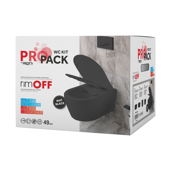 Aloni Pro Wall-Mounted Toilet | 36x25x49cm | Rimless | with Seat | Soft Close | Quick Release | Compact | Matt Black