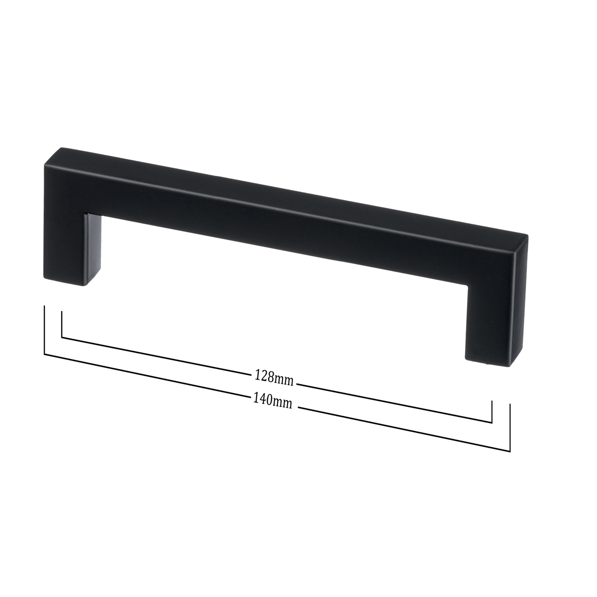 Maattekening van meubelgreep in zwart, hartafstand 128 mm, lengte 140 mm