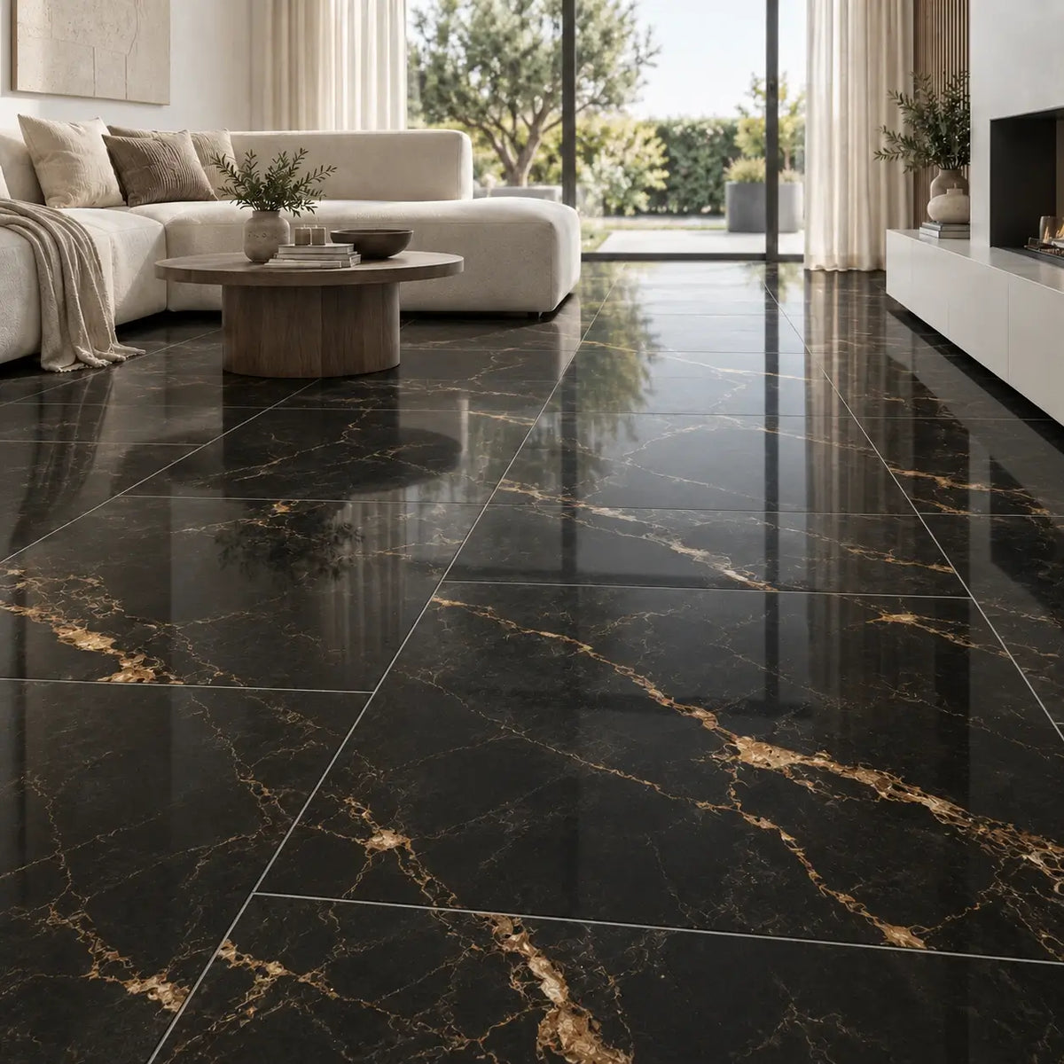 Vloertegels 60x120 cm met goudkleurige aders in een moderne woonkamer