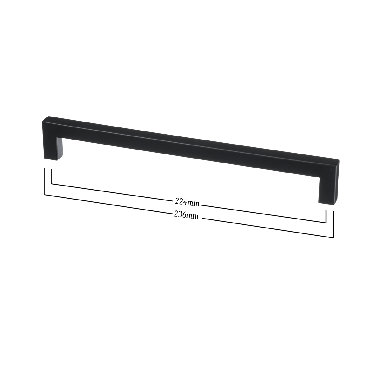 Maattekening van meubelgreep in zwart, hartafstand 224 mm, lengte 236 mm