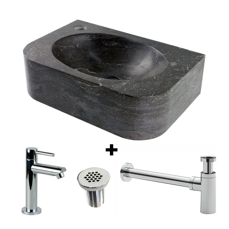 Paquete combinado Fuente de piedra natural Flow con grifo, rejilla y sifón