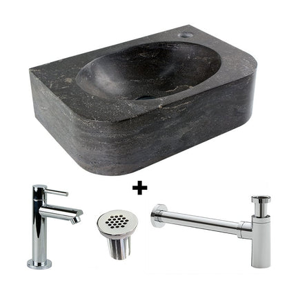 Paquete combinado Fuente de piedra natural Flow con grifo, rejilla y sifón