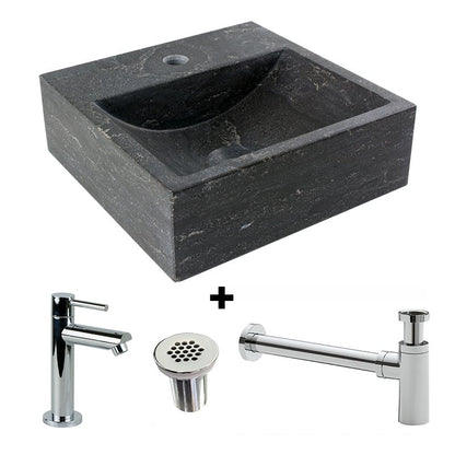 Paquete combinado Fuente de piedra natural Cuadrada con grifo, rejilla y sifón