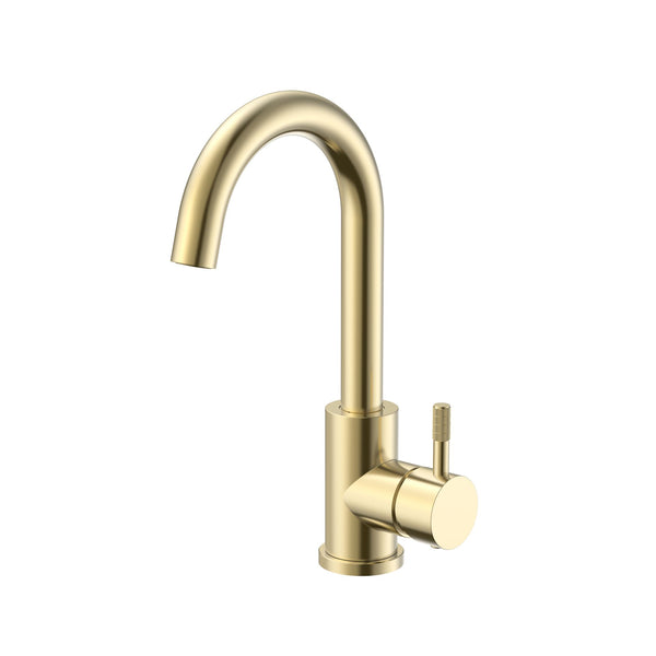 Stria Basin Mixer | Curved Spout | Swivel Handle | Brushed Gold PVD
