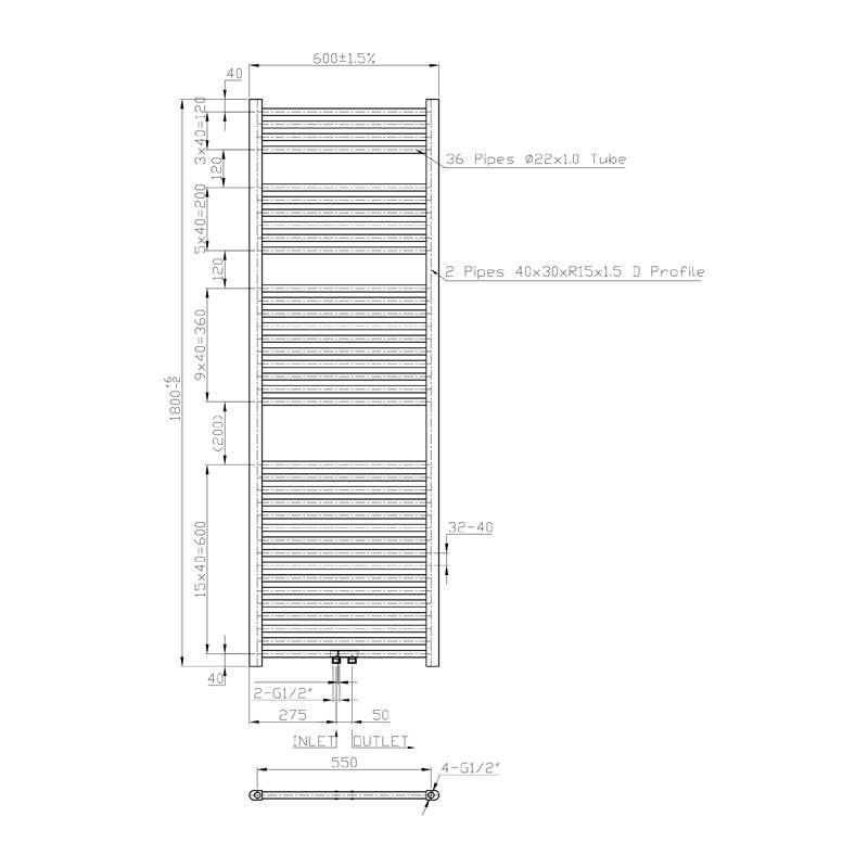 Radiator Lydia | 180x60cm | Grafiet - WDtegels
