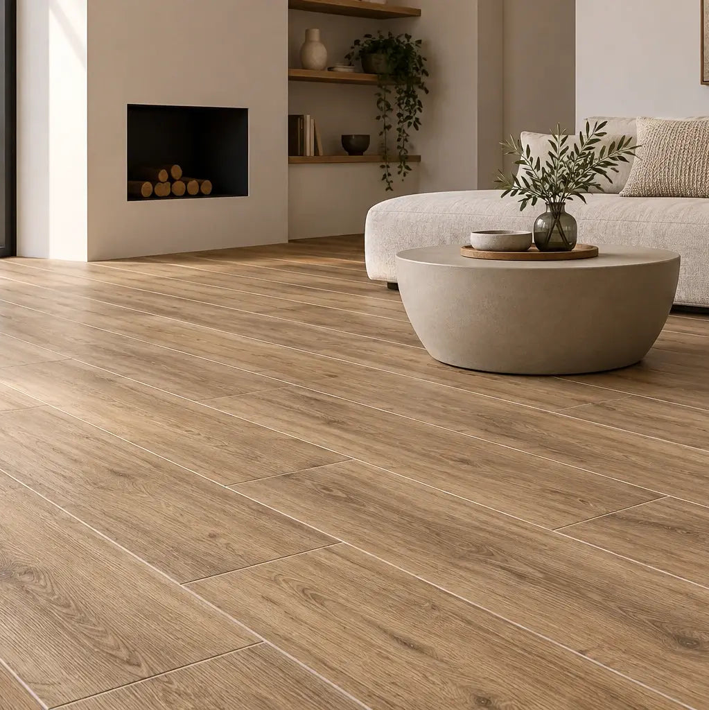 Houtlook vloertegels 20x120 cm als keramisch parket in een moderne woonkamer