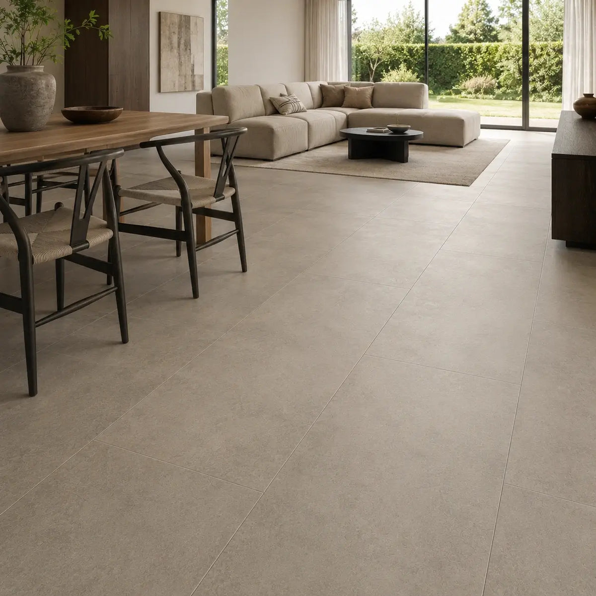 Keramische vloertegels 40x80 cm met matte betonlook in een moderne woonkamer