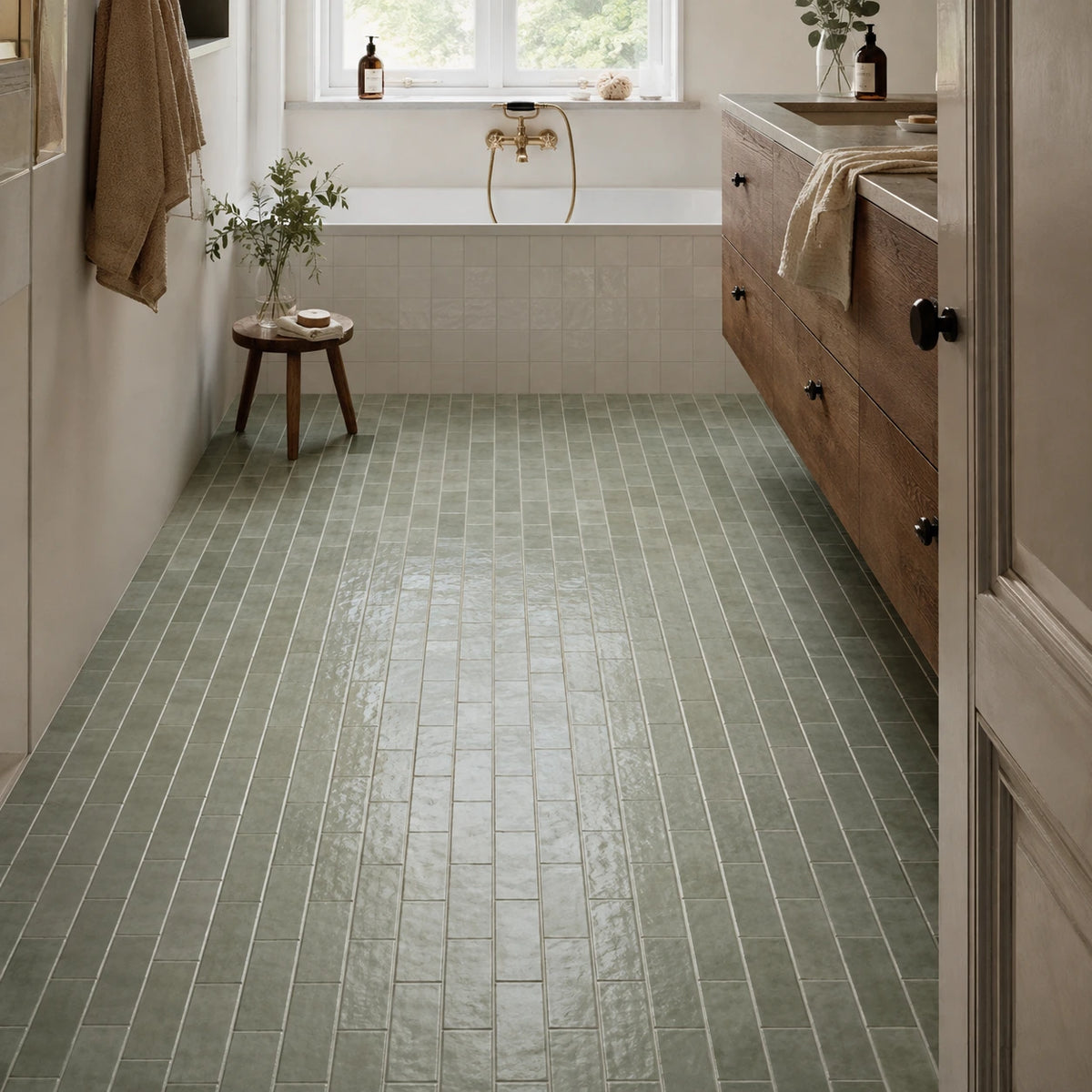 Langwerpige keramische vloertegels 6x25 cm in een stijlvolle badkamer