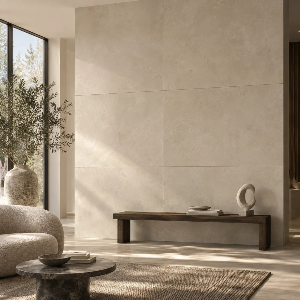 Beige grootformaat wandtegels 100x100 cm in een moderne woonkamer met rustige voegverdeling