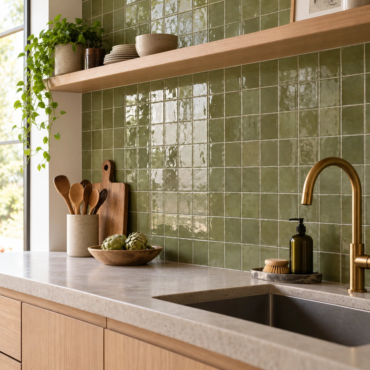 Groene wandtegels 10x10 cm met glanzende afwerking in een moderne keuken