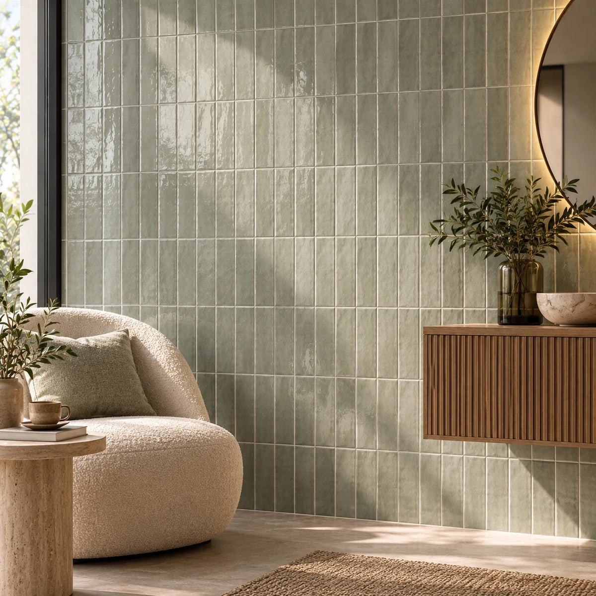 Groene glanzende wandtegels 10x30 cm op een moderne accentwand in een rustige zithoek