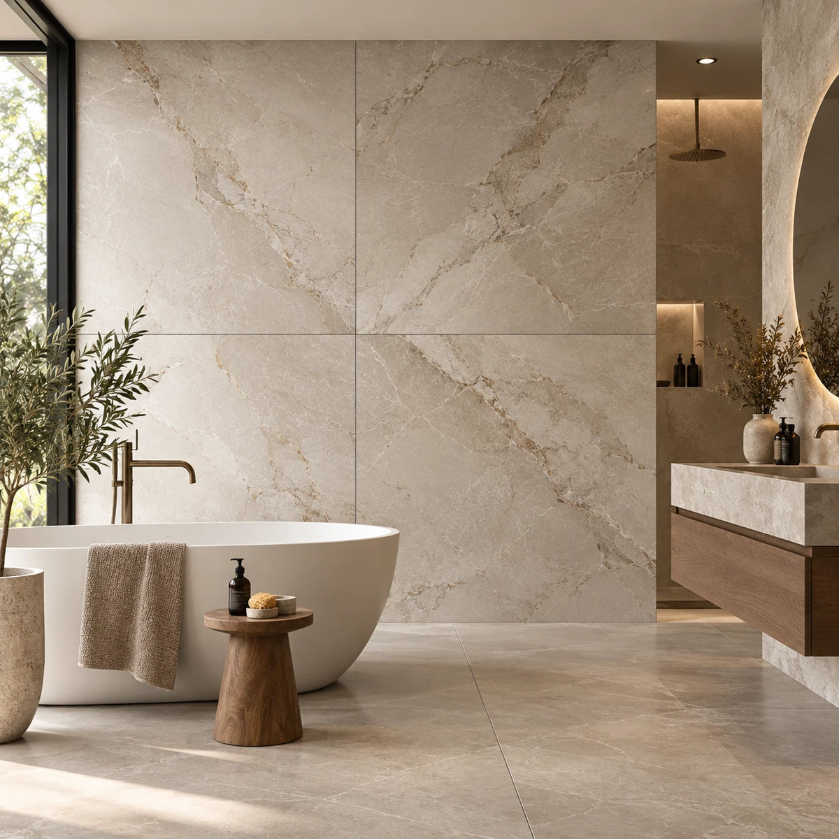 Marmerlook wandtegels 120x120 cm in een moderne badkamer met grote keramische wandtegels