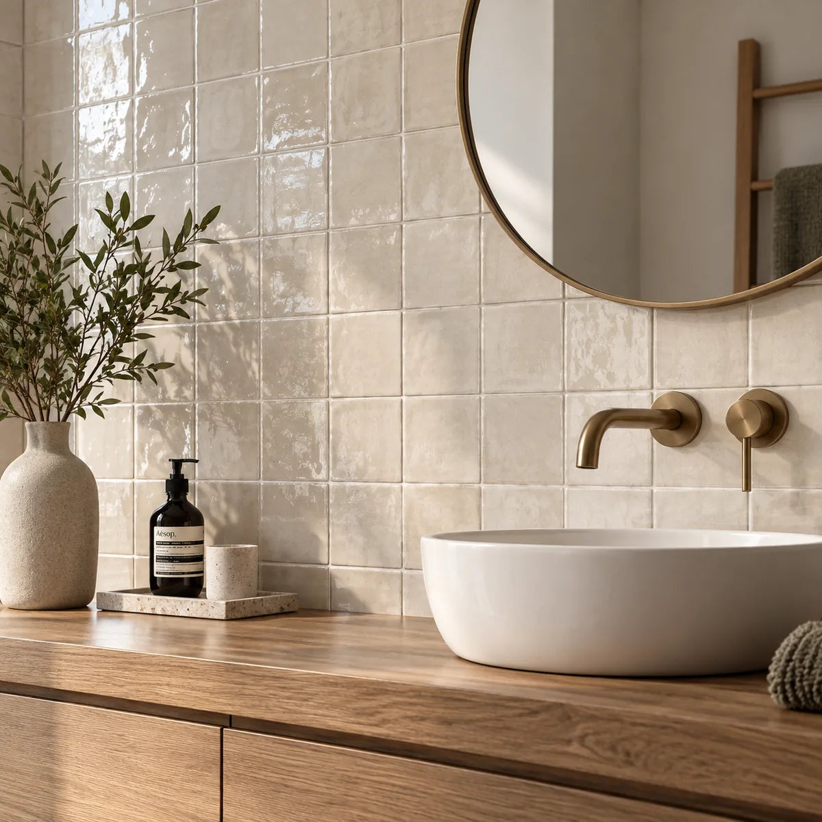 Ivoorkleurige wandtegels 13x13 cm met glanzend handvorm oppervlak in een moderne badkamer