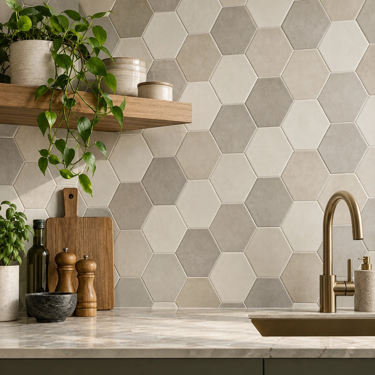 Hexagon wandtegels 16x18 cm in een stijlvolle keukenwand met keramische wandtegels in warme neutrale tinten
