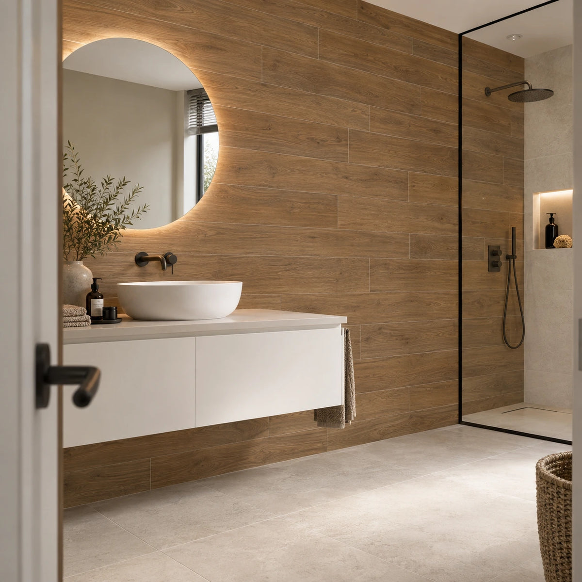 Houtlook wandtegels 20x120 cm in een moderne badkamer met lange keramische wandtegels