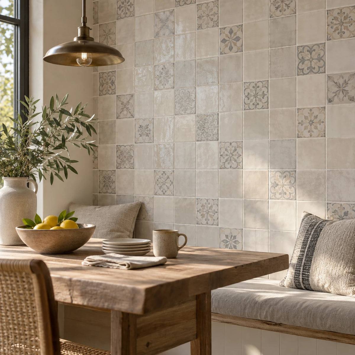 Decoratieve wandtegels 20x20 cm in een lichte eetkamer met vierkante keramische tegels