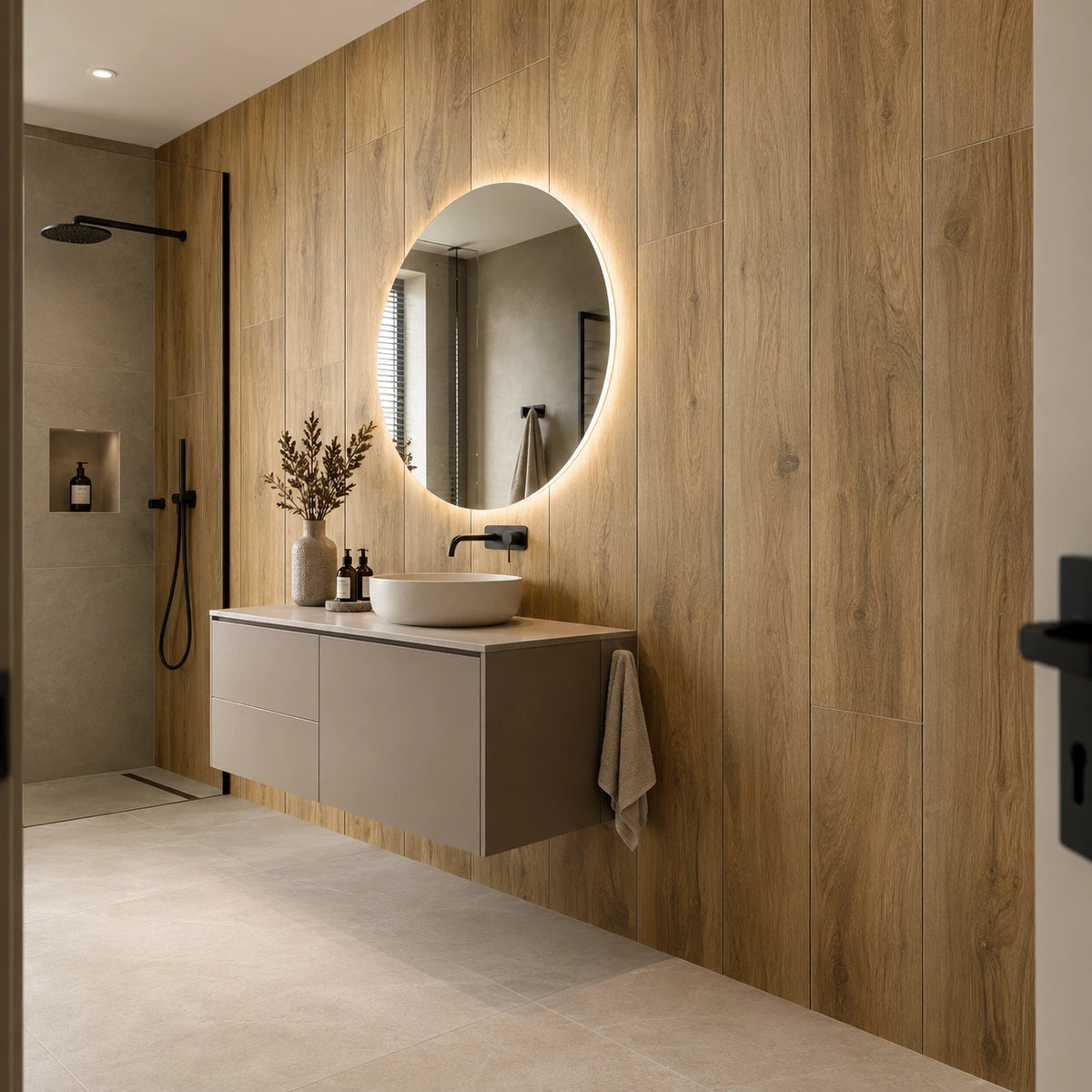 Houtlook wandtegels 30x120 cm in een moderne badkamer met langwerpige keramische wandtegels