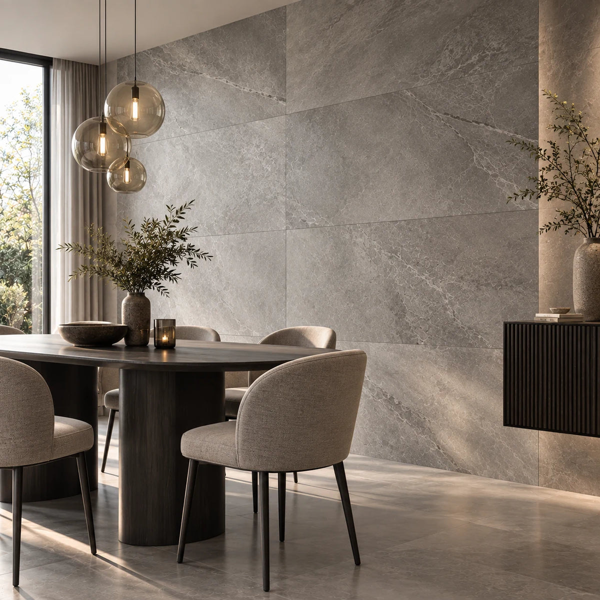 Grijze marmerlook wandtegels 60x120 cm in een moderne eetkamer met grote keramische wandtegels