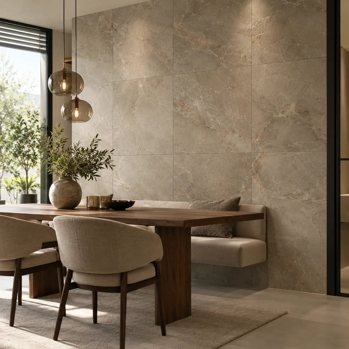 Marmerlook wandtegels 60x60 cm in een moderne eetkamer met grote keramische wandtegels