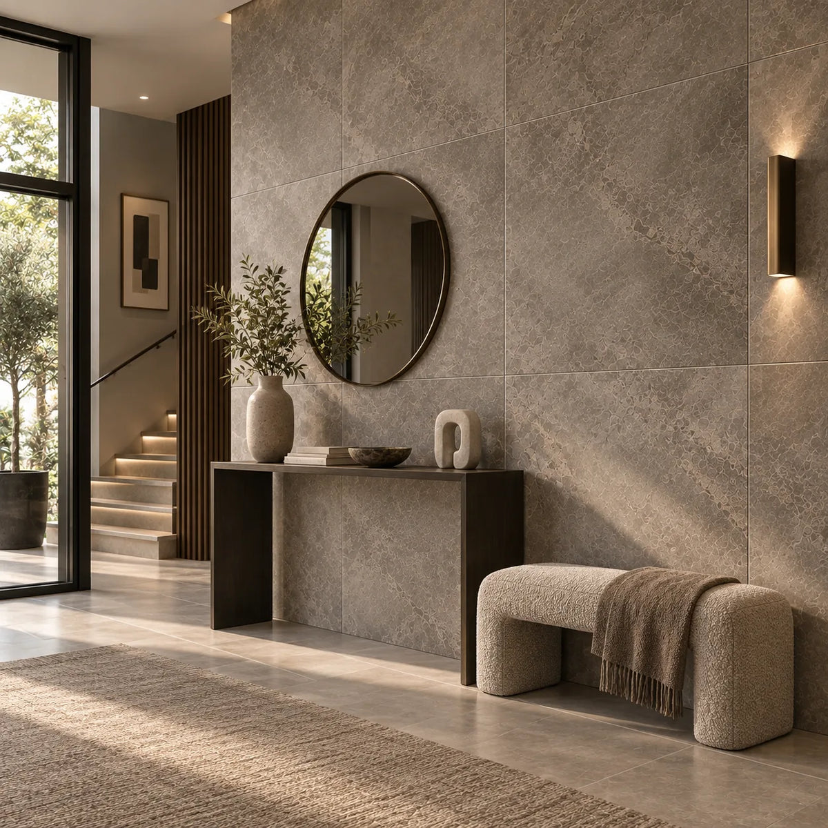 Natuursteenlook wandtegels 80x80 cm in een moderne hal met grote keramische wandtegels