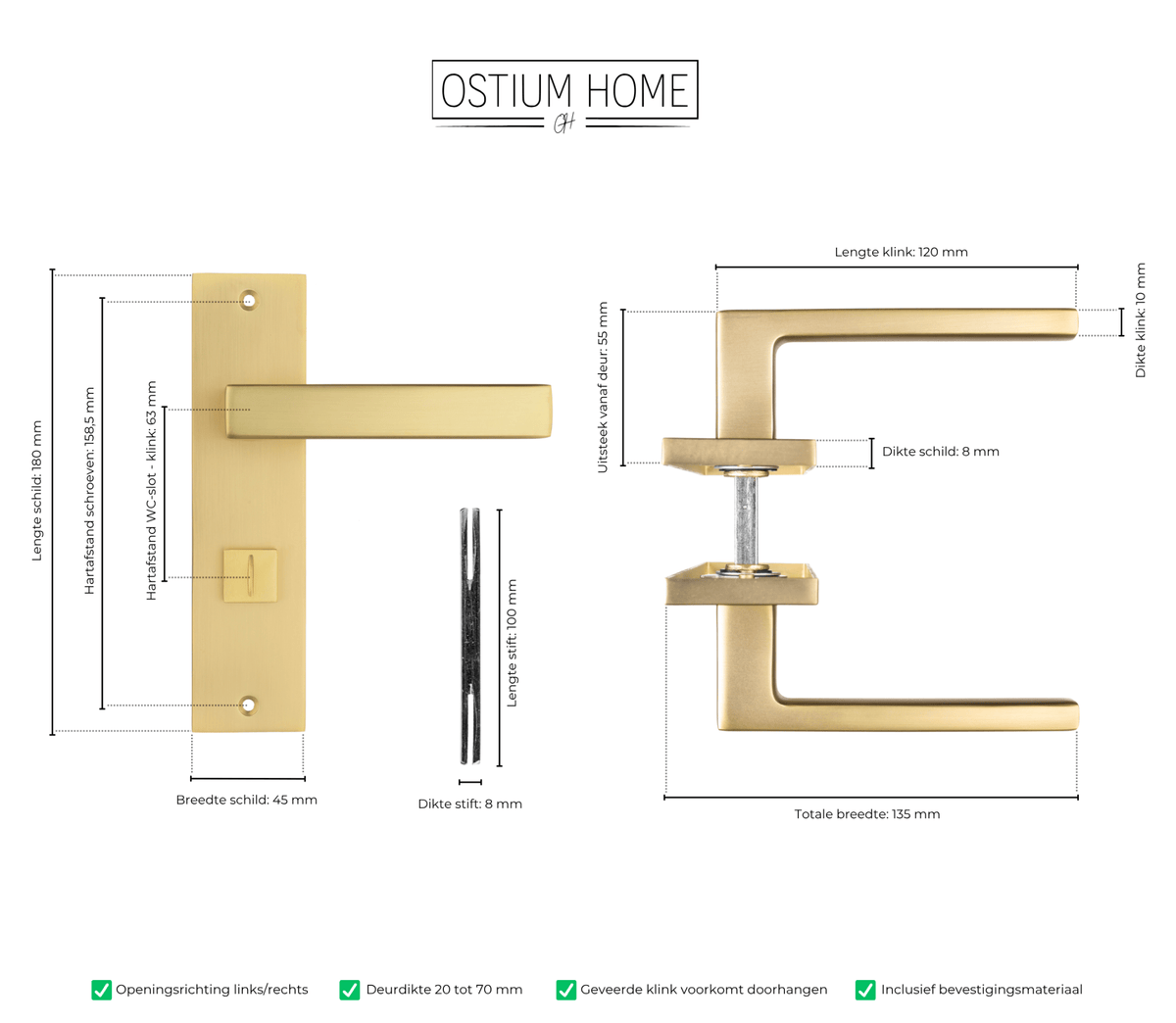 Maattekening van deurklink Avola in goud met WC-sluiting 63 mm